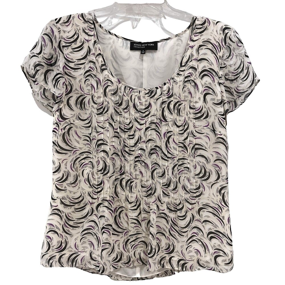 Jones New York 100% Silk Lined Short Sleeve Blouse Pin tucks Scoop Neck Size 6